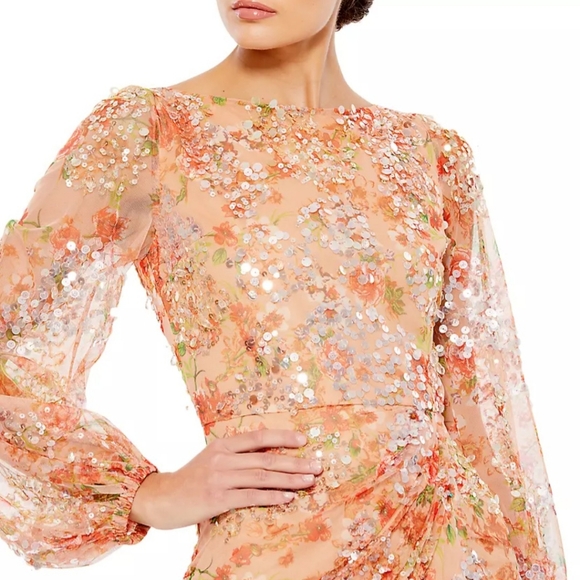 NWT Mac Duggal Floral Print Sequined Puff Sleeve Gown Size 6 Apricot - Picture 2 of 16